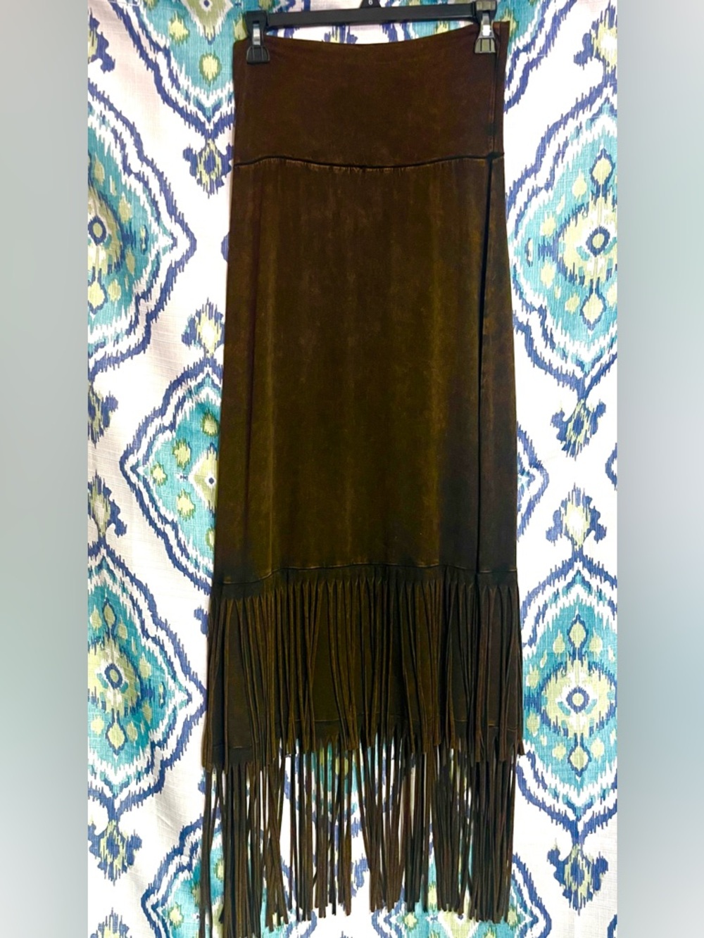 T-Party Maxi Chocolate Brown Mineral Wash Fringe Skirt M
